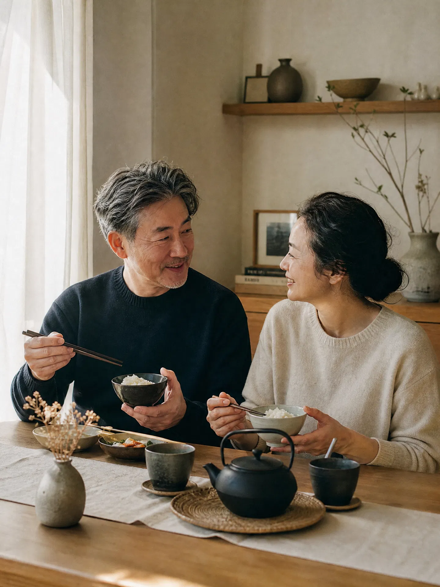 Senior couple enjoying a meal together at their dining table at home